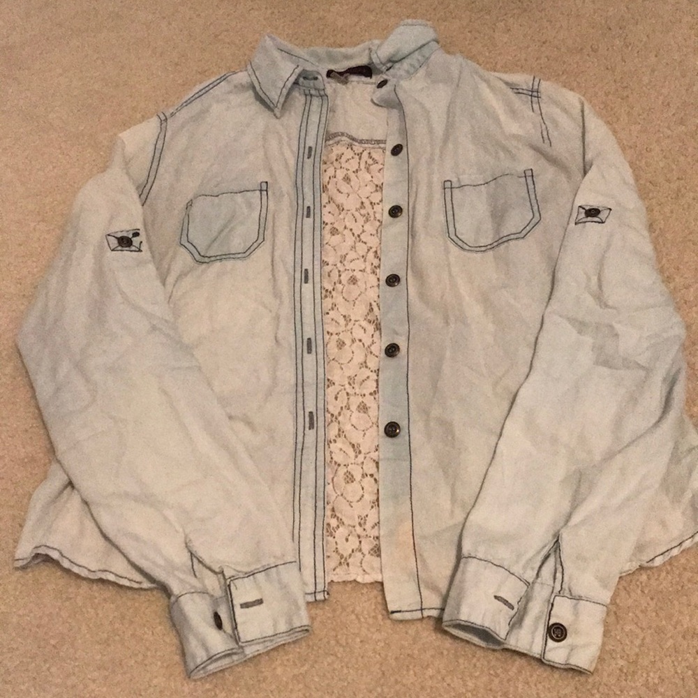 Faux denim button up with lace back